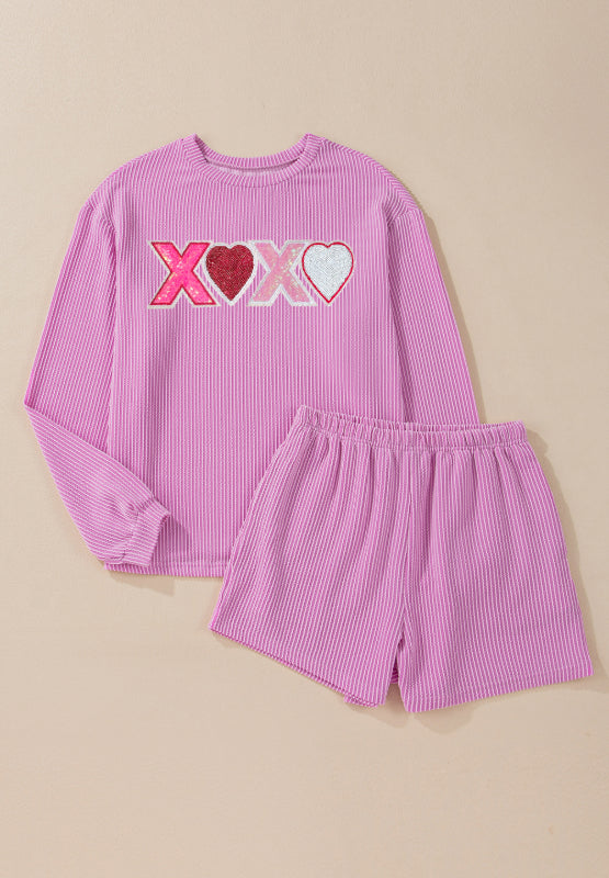 Valentine’s Day XOXO Heart Sequin Corded Long Sleeve Top and Shorts Set - Sydney So Sweet