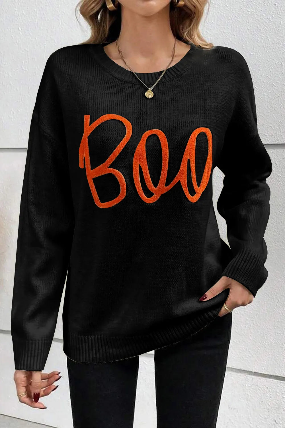 BOO Round Neck Long Sleeve Sweater - Sydney So Sweet