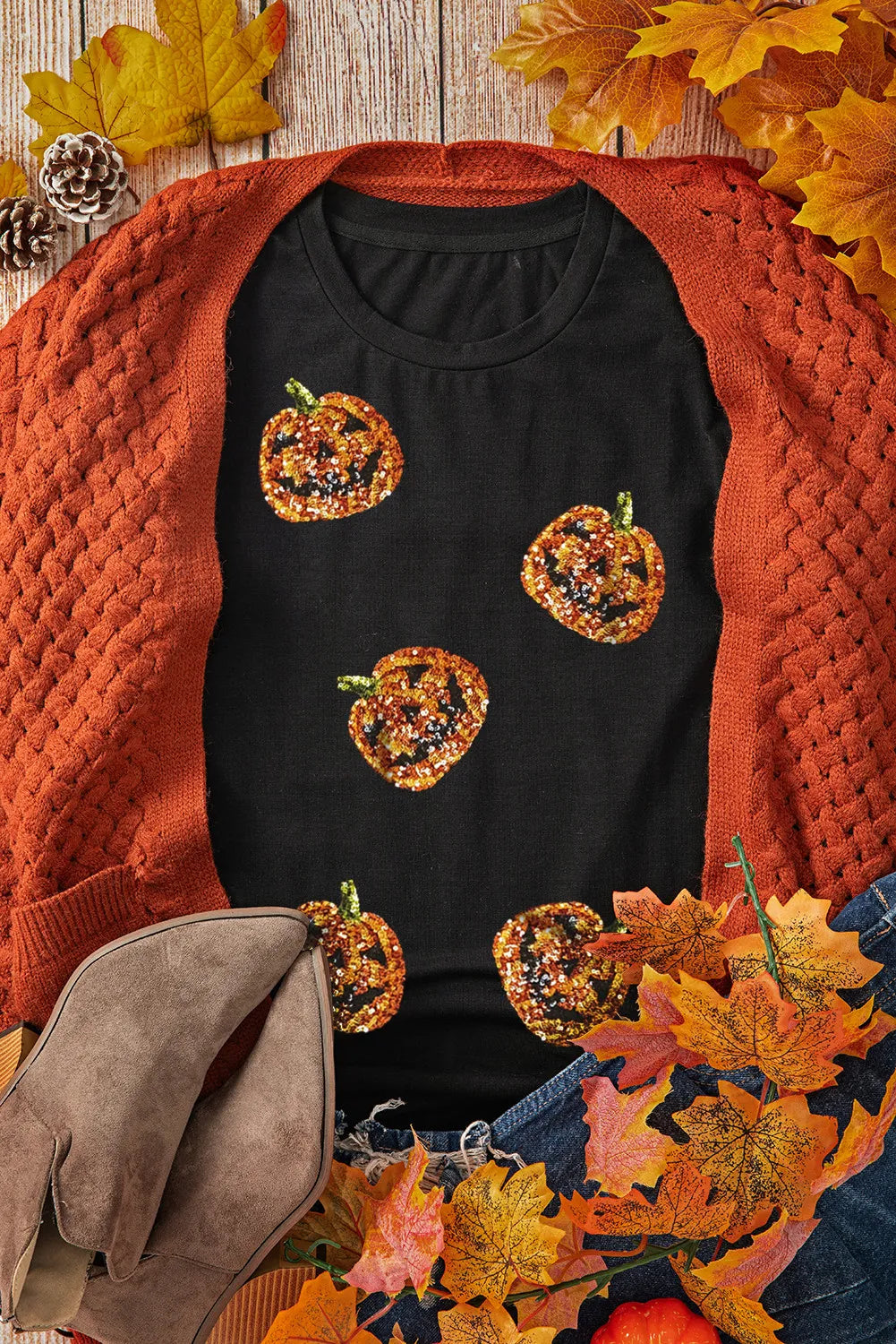 Sequin Pumpkin Round Neck Short Sleeve T-Shirt - Sydney So Sweet