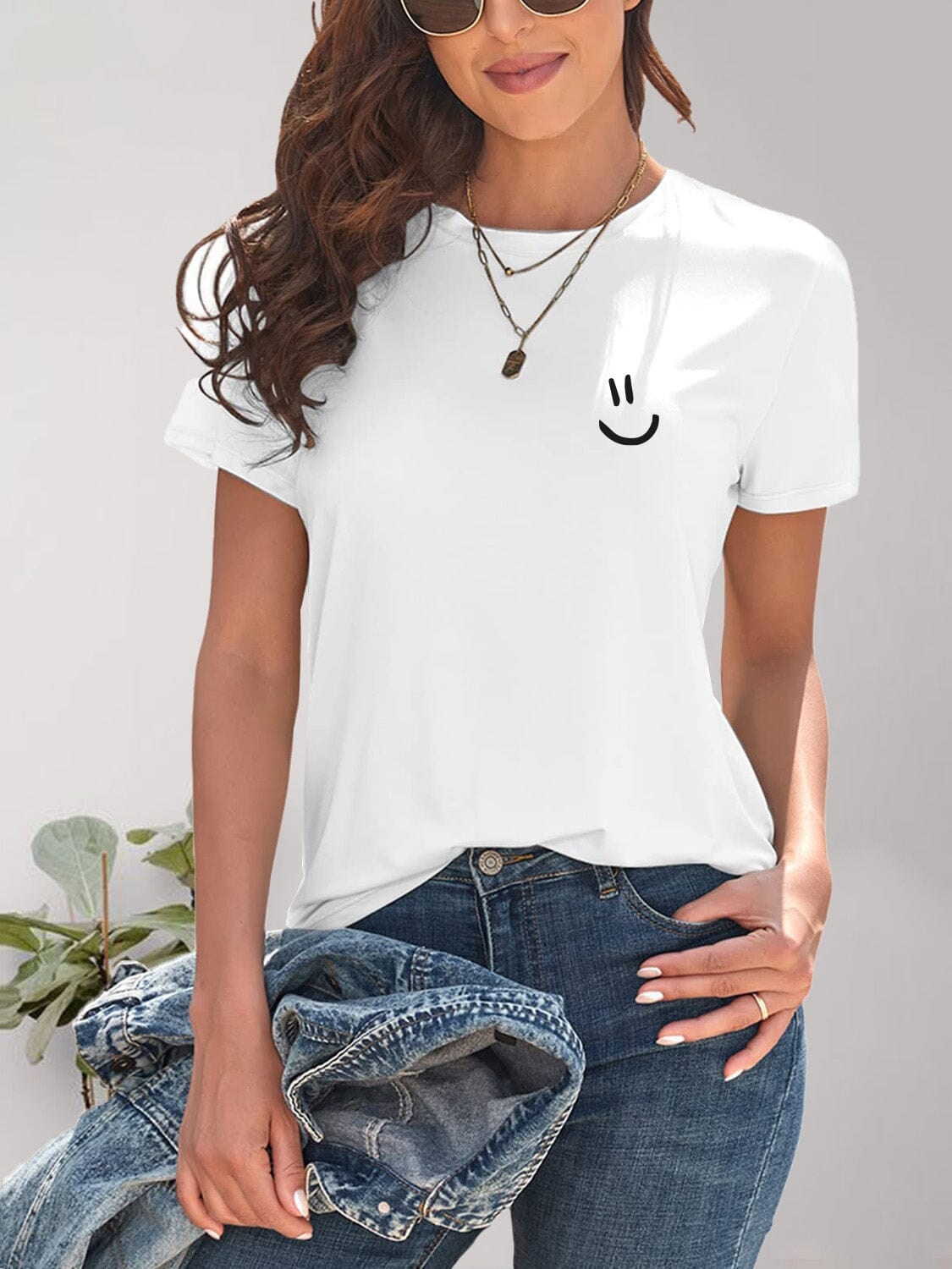 Smile Graphic Round Neck Short Sleeve T-Shirt - Sydney So Sweet