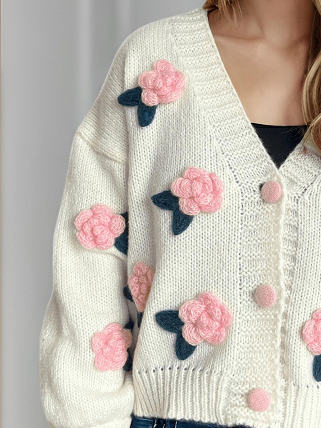 Flower Button Down V-Neck Long Sleeve Cardigan - Sydney So Sweet