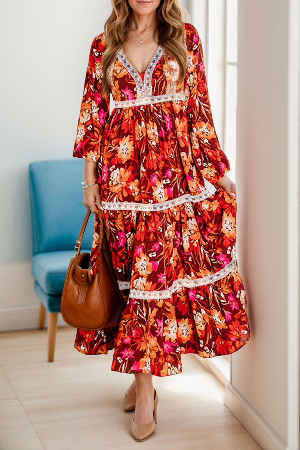 Printed V-Neck Long Sleeve Midi Dress - Sydney So Sweet