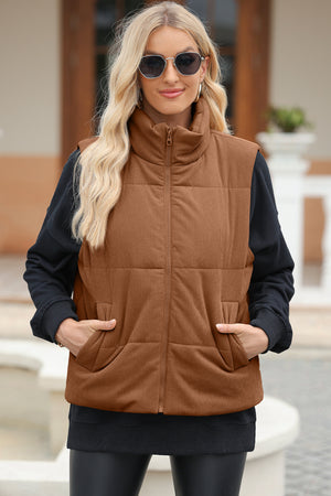 Pocketed Zip Up Turtleneck Vest Coat - Sydney So Sweet