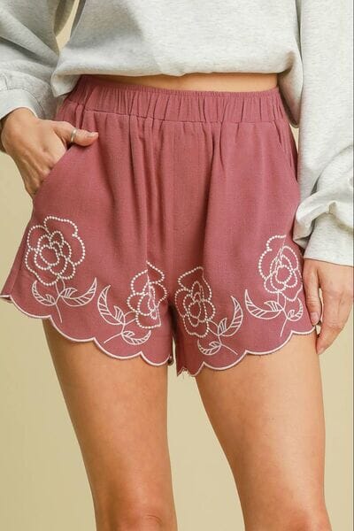 Umgee Full Size Linen Blend Shorts with Floral Embroidered Details Plus Size - Sydney So Sweet