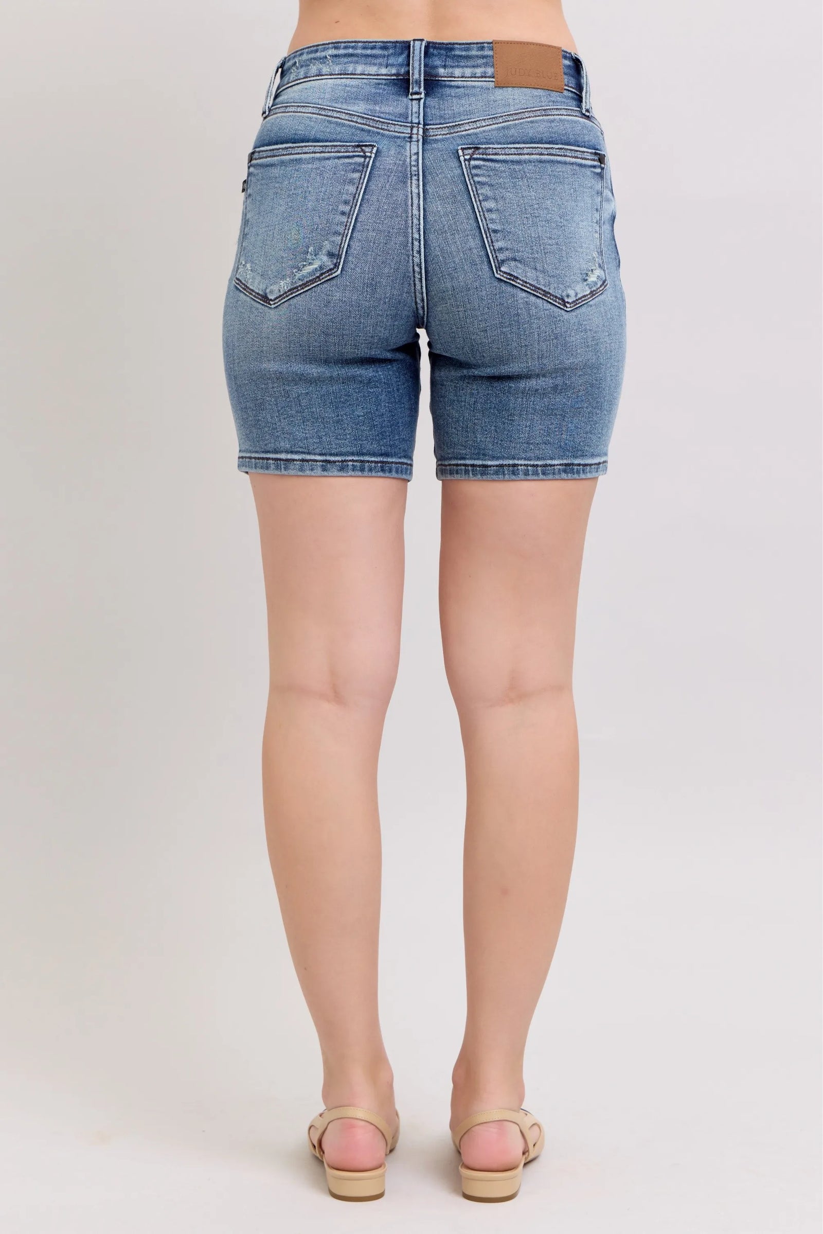 Judy Blue Button Fly Mid Length Denim Shorts W/ Destroy - Sydney So Sweet