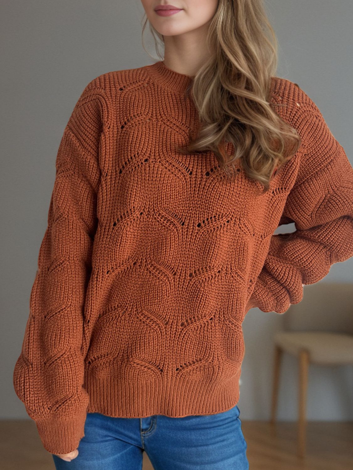 Openwork Round Neck Dropped Shoulder Sweater - Sydney So Sweet