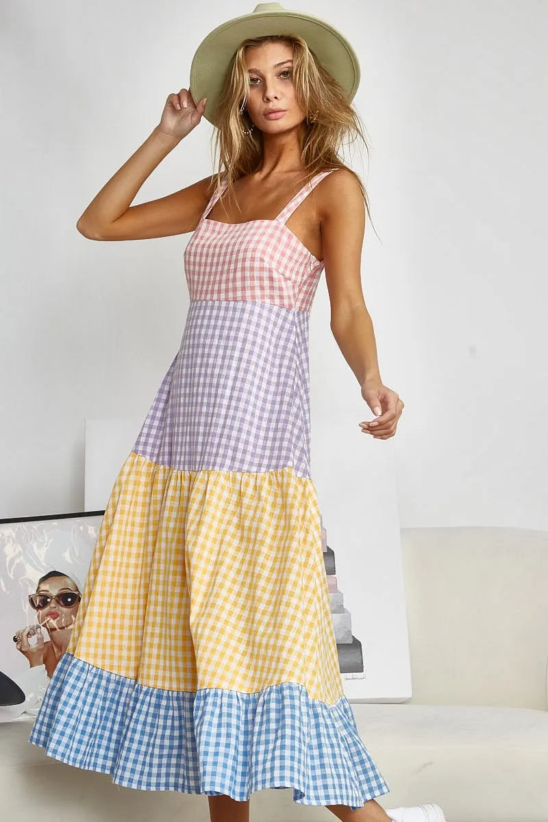 BiBi Color Block Tiered Gingham Dress - Sydney So Sweet