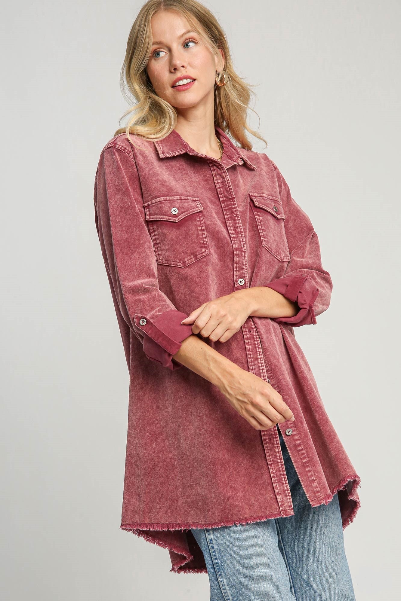 Umgee Raw Hem Button Down Denim Jacket with Chest Pockets - Sydney So Sweet