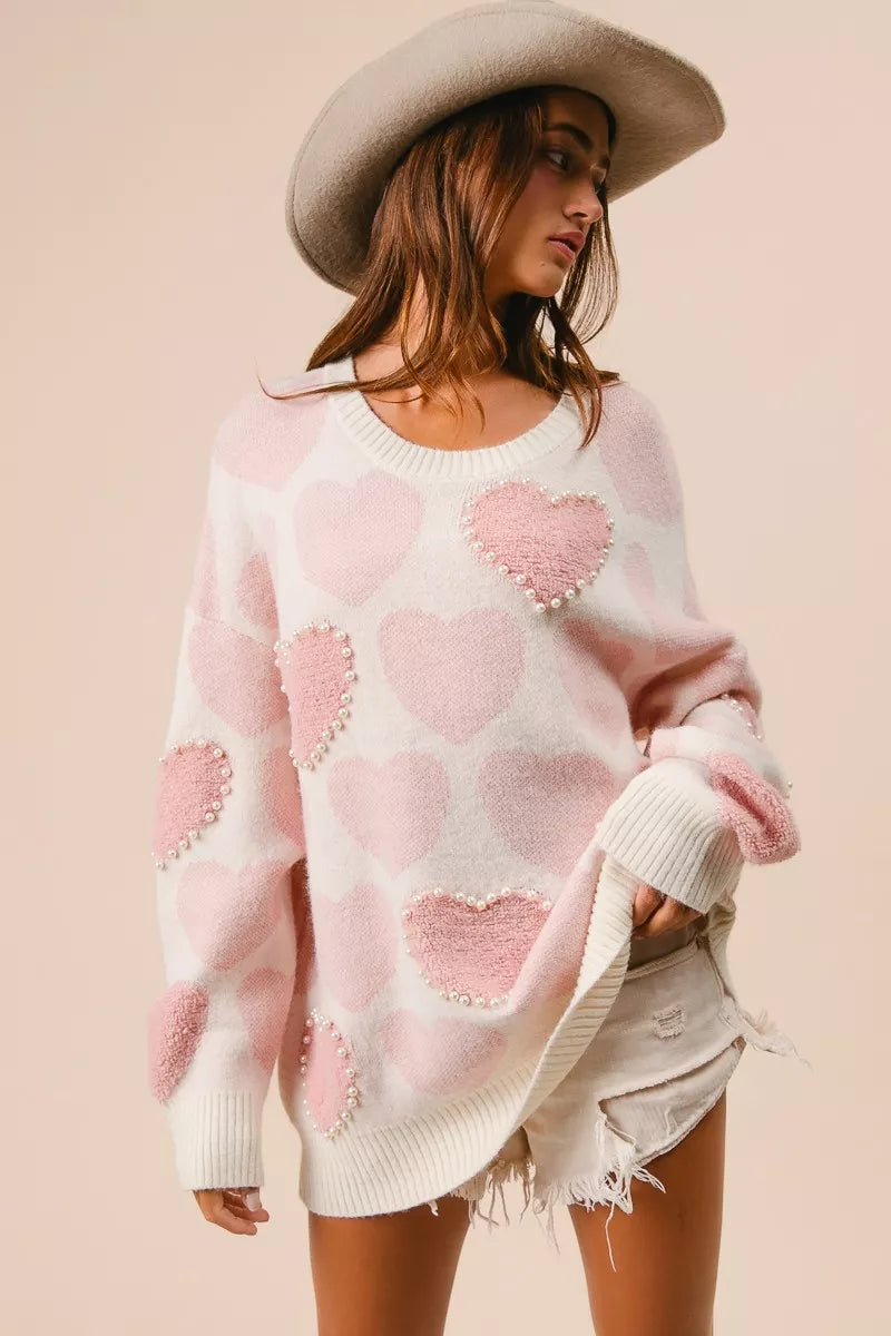 BiBi Heart Pattern Sweater with Pearl Detail - Sydney So Sweet