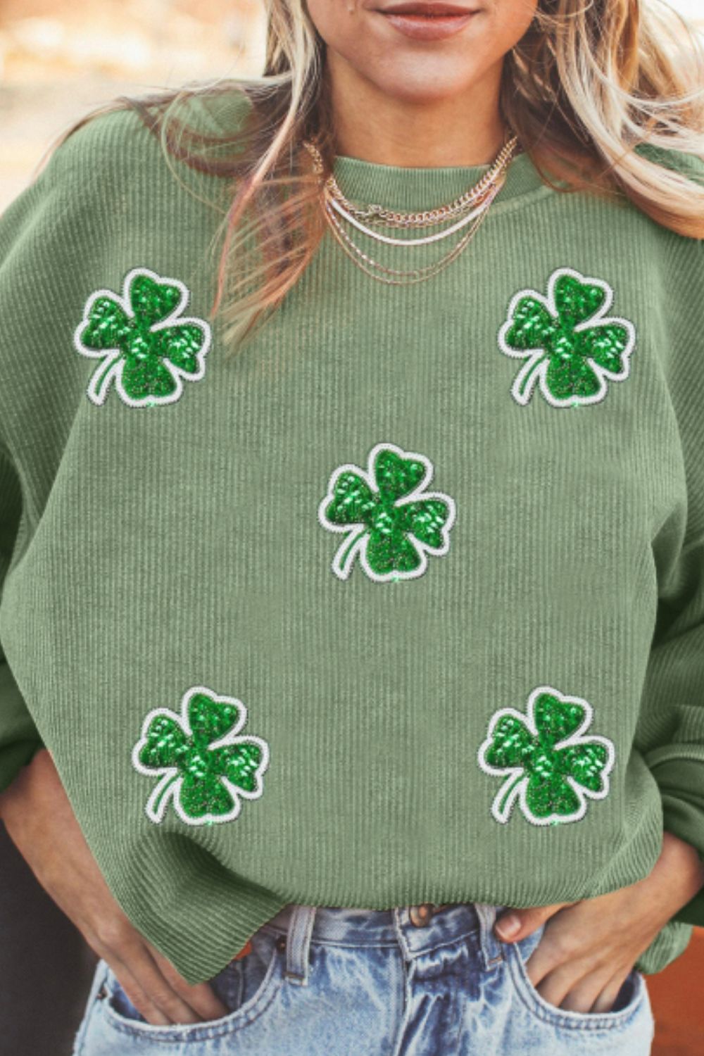 Sequin Lucky Clover Round Neck Long Sleeve Sweatshirt - Sydney So Sweet