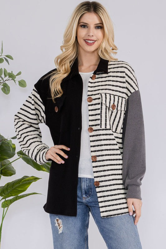 Celeste Full Size Striped Button Up Dropped Shoulder Shacket - Sydney So Sweet