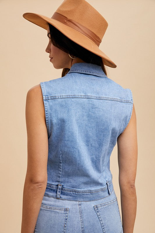 Annie Wear Collared Neck Button Down Denim Vest - Sydney So Sweet