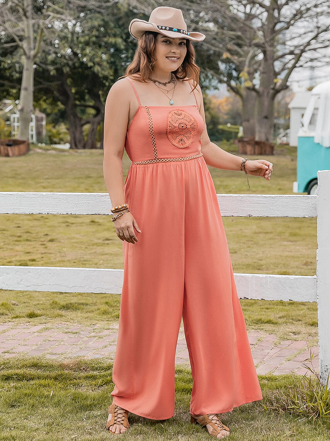 Plus Size Lace Detail Spaghetti Strap Wide Leg Jumpsuit - Sydney So Sweet