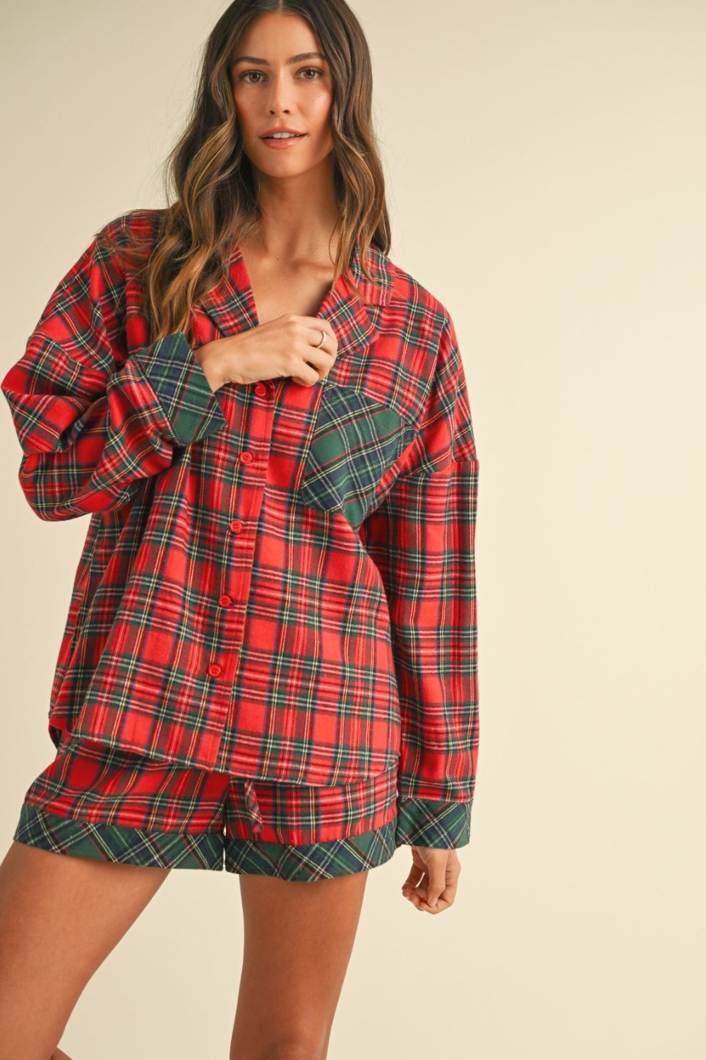 Annie Wear Contrast Plaid Long Sleeve Top and Shorts Set - Sydney So Sweet