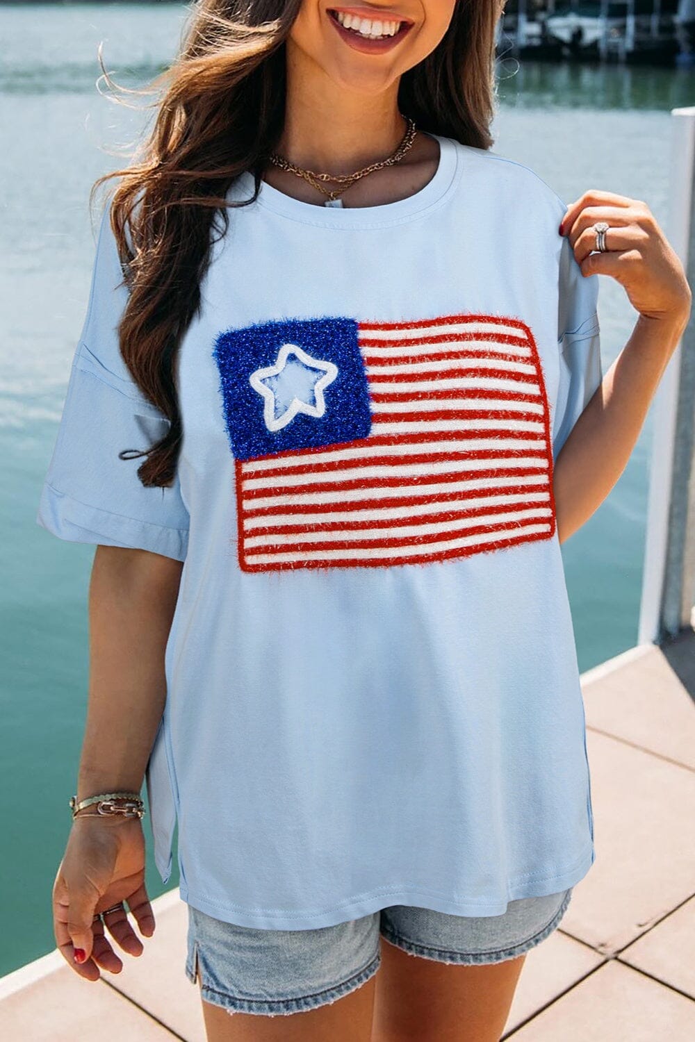 US Flag Round Neck Short Sleeve T-Shirt - Sydney So Sweet