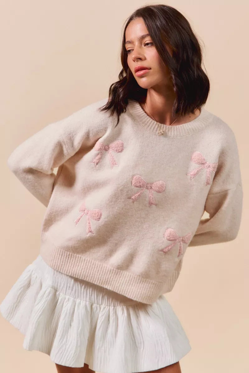 SO ME Embroidered Ribbon Round Neck Sweater - Sydney So Sweet