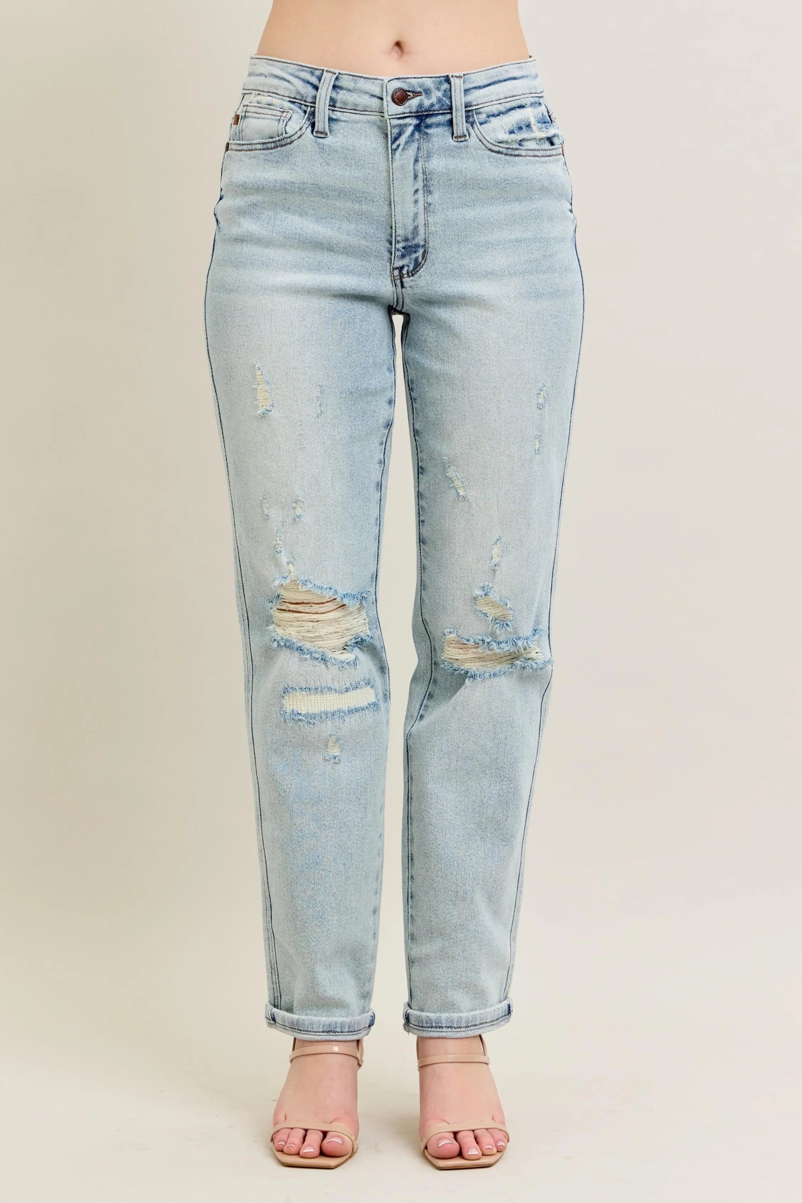 Judy Blue Full Size Mr Repair Stitch Detail Destroy Single Cuff Bf Jeans Plus Size - Sydney So Sweet