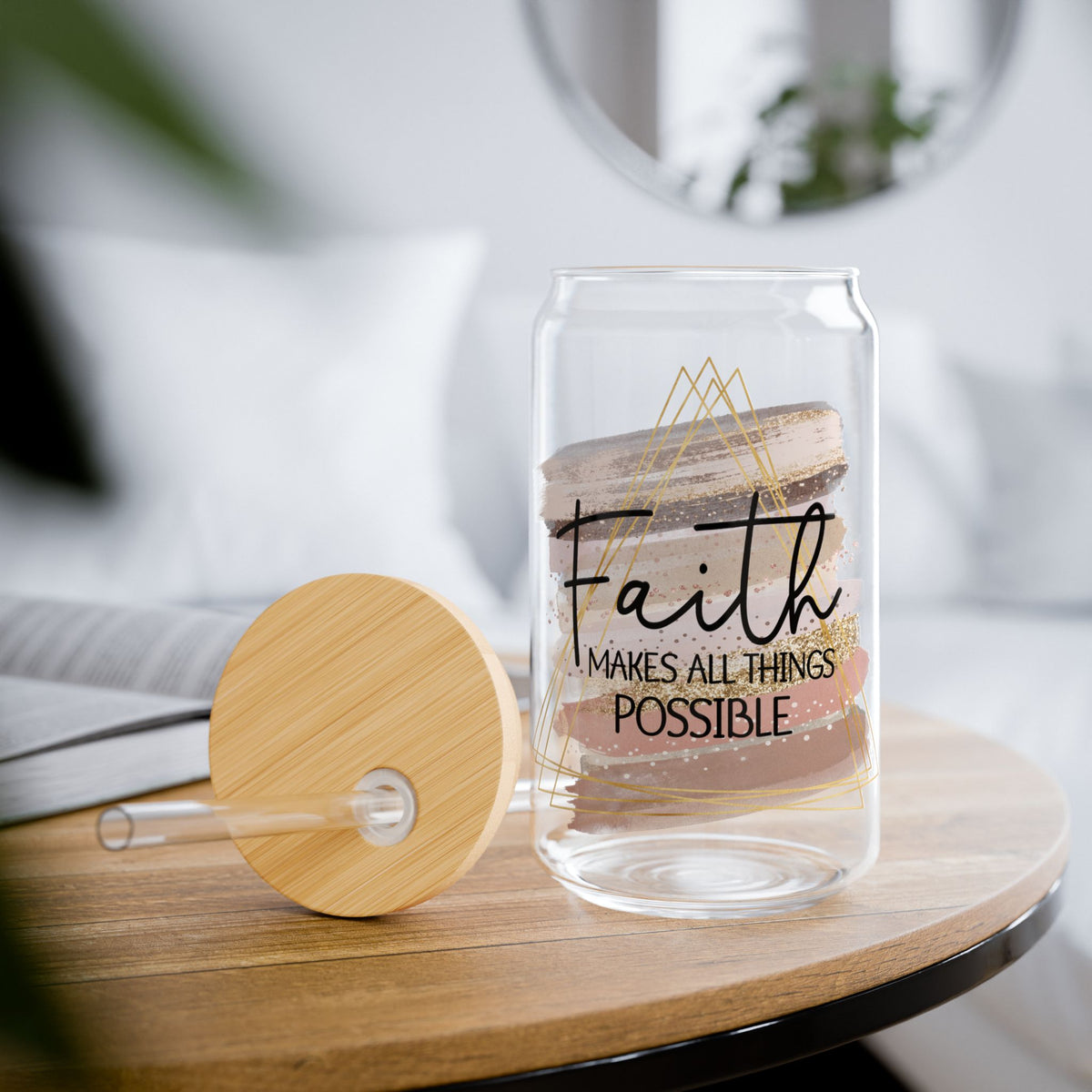 Faith Makes All Things Possible Christian Tumbler Sipper Glass 16oz — Reusable Drink Jar with Lid & Straw