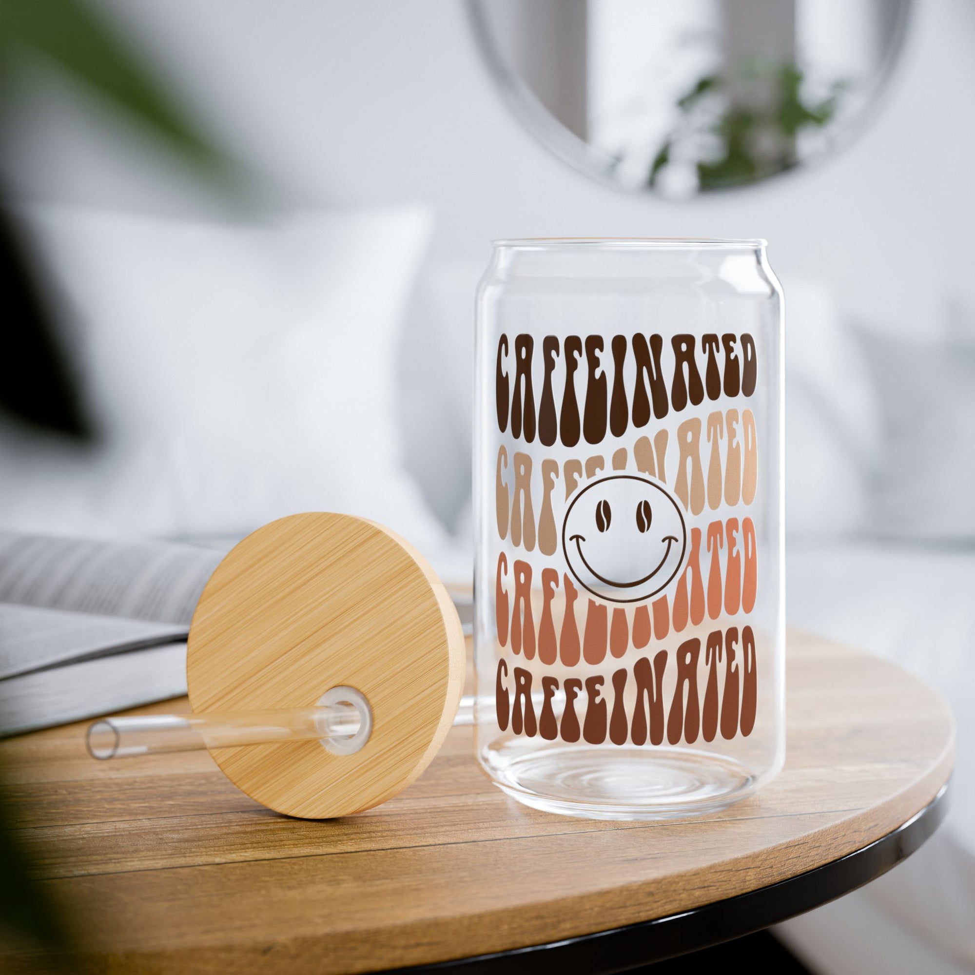 Caffeinated Retro Smiley Caffeinated Sipper Glass 16oz Reusable Drink -  Sydney So Sweet