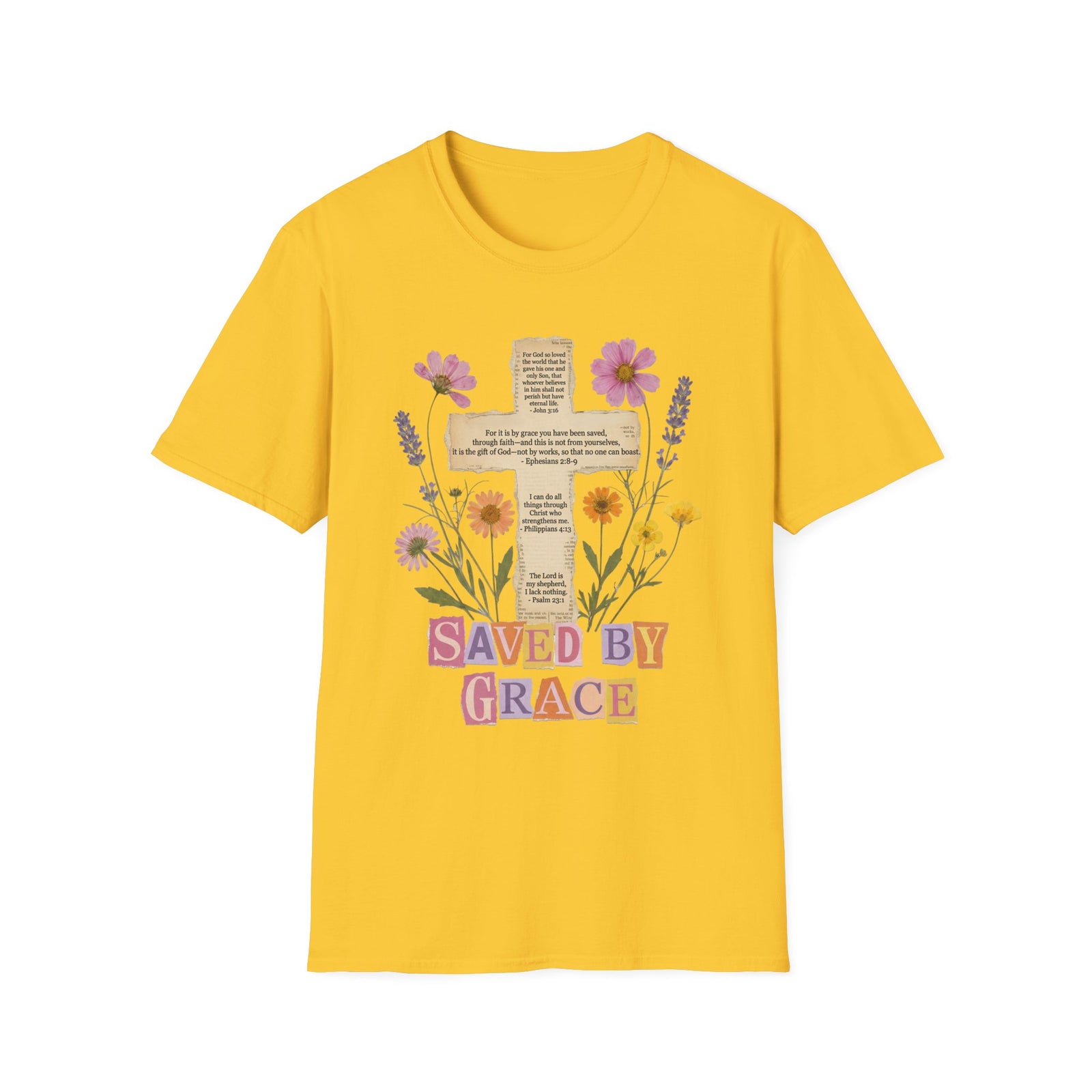 Saved by Grace Collage Floral Cross Tee Bible Verse Christian T-Shirt