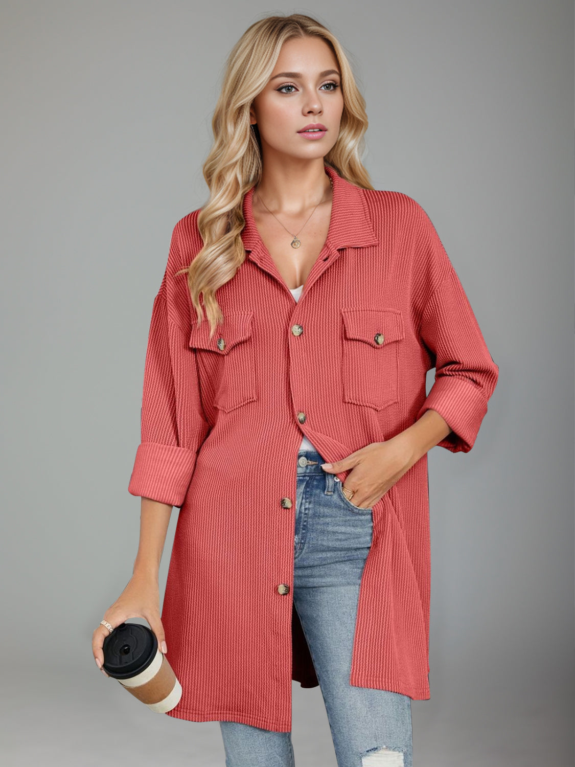 Double Take Textured Pocketed Collared Neck Long Sleeve Shirt - Sydney So Sweet