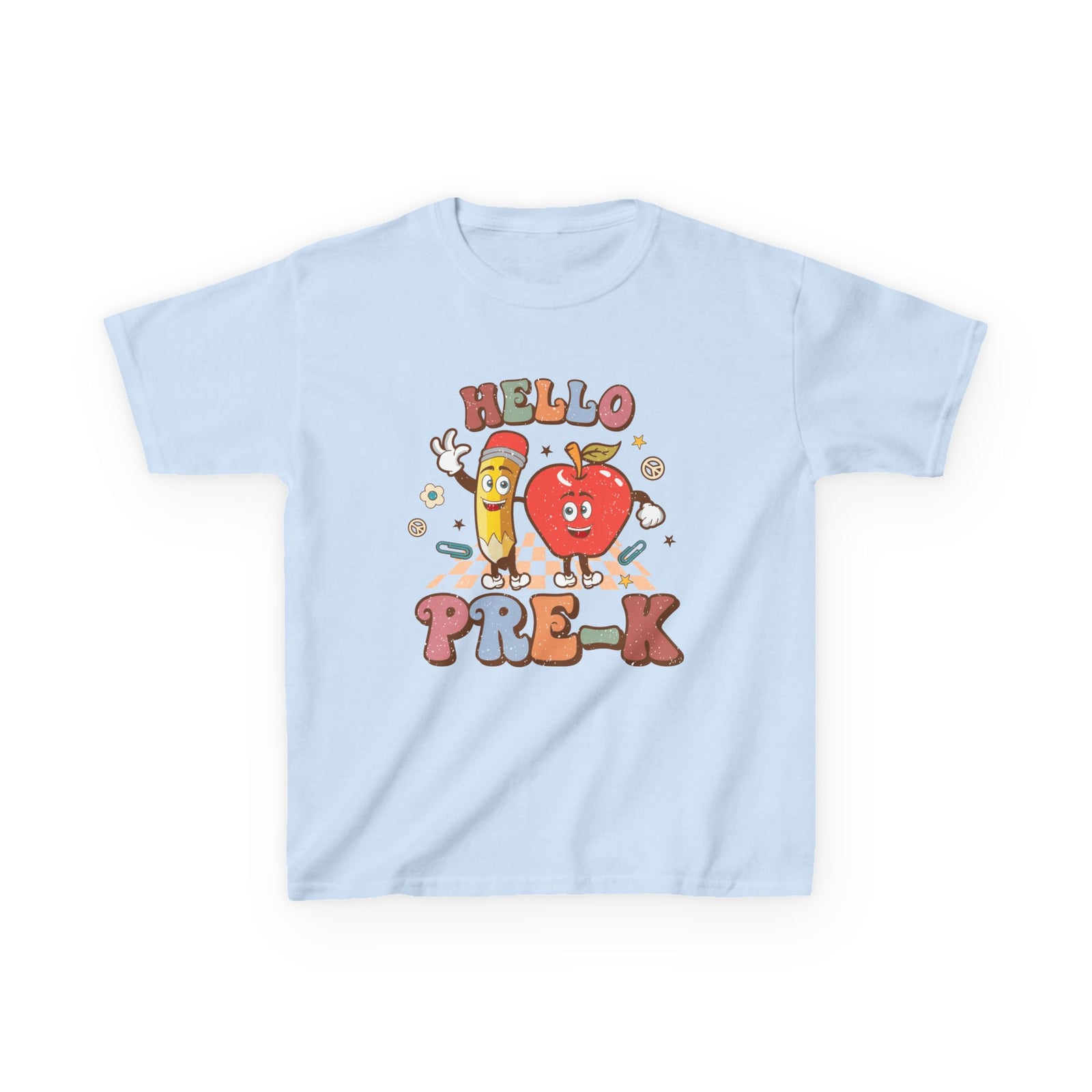 Hello Pre-K Grade Cute Apple & Pencil Graphic Tee Back-to-School Preschool Kids T-Shirt