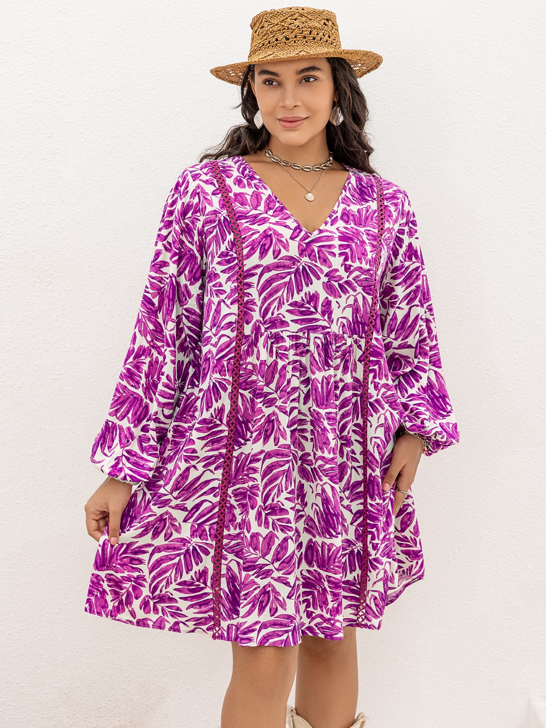 Plus Size Printed V-Neck Balloon Sleeve Mini Dress - Sydney So Sweet