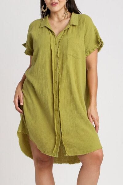 Umgee Full Size Raw Hem Button Down Short Sleeve Gauze Shirt Dress Plus Size - Sydney So Sweet