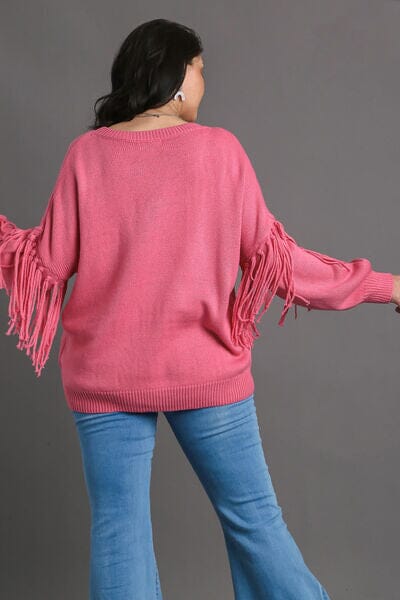 Umgee Full Size Fringe Round Neck Long Sleeve Sweater Plus Size - Sydney So Sweet