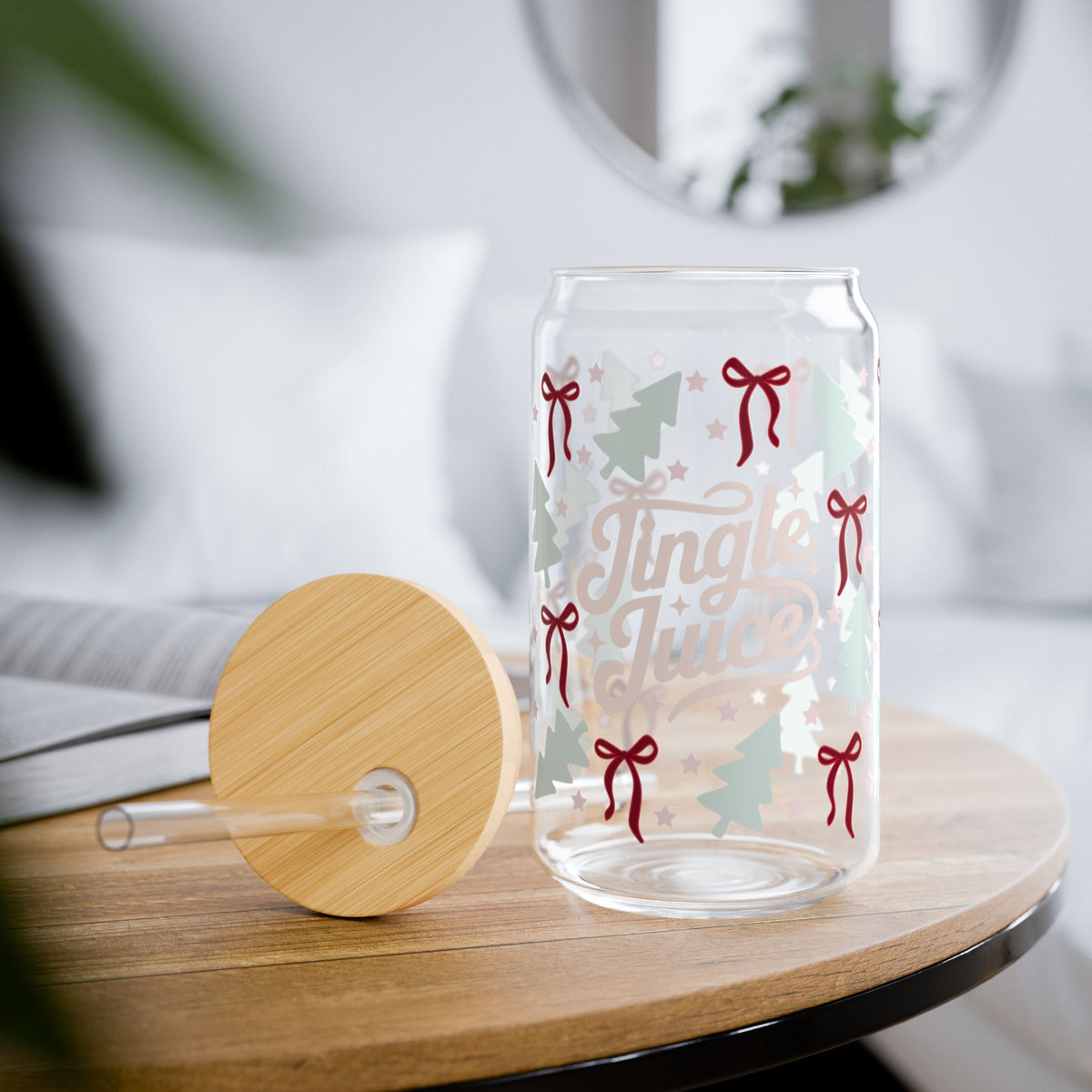 Jingle Juice Christmas Glass 16oz Reusable Drink Jar with Lid & Straw