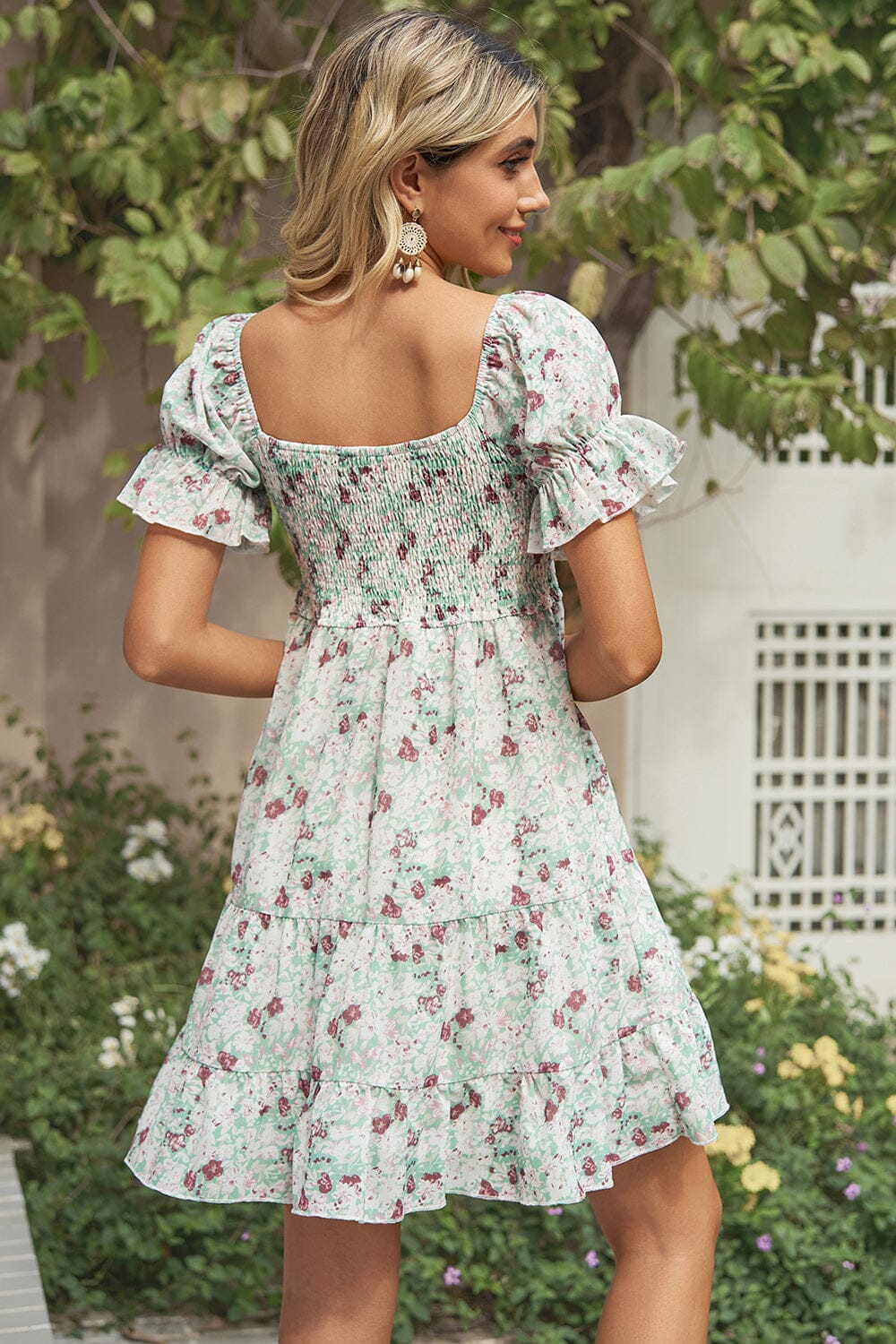 Smocked Printed Flounce Sleeve Mini Dress - Sydney So Sweet