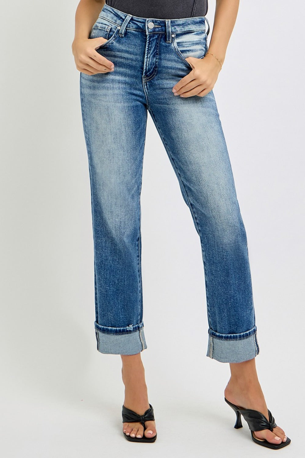 RISEN Full Size High Rise Crop Straight Roll Up Jeans - Sydney So Sweet