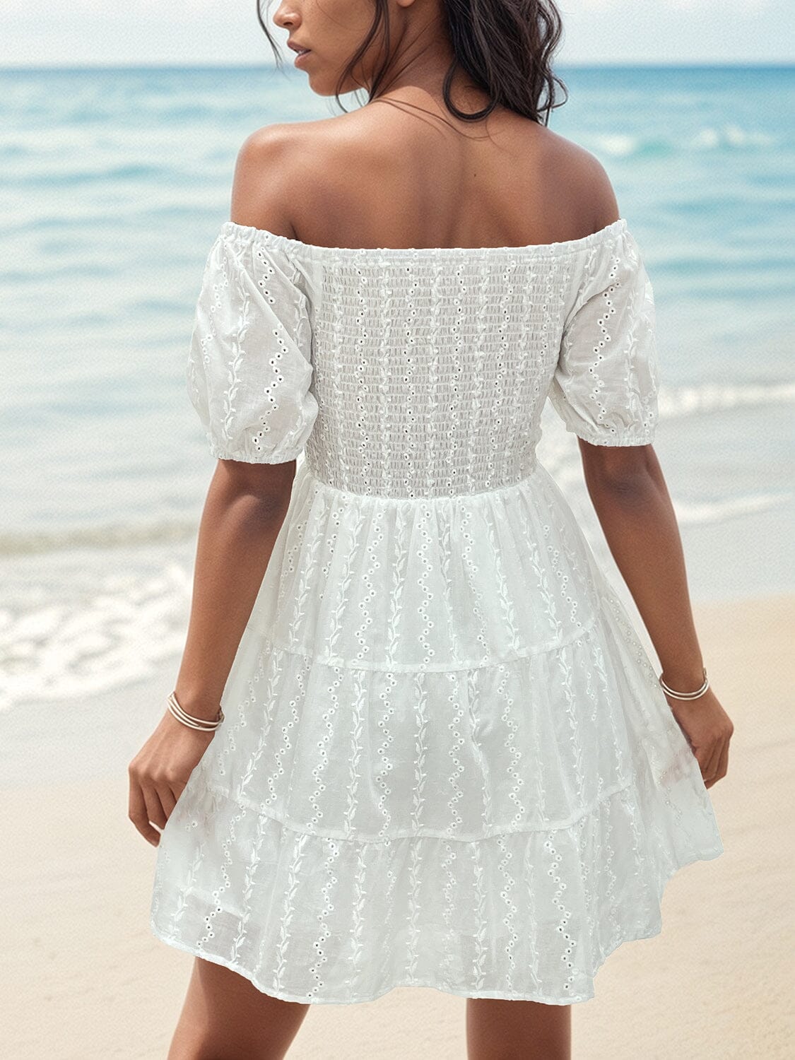 Smocked Eyelet Off-Shoulder Mini Dress - Sydney So Sweet