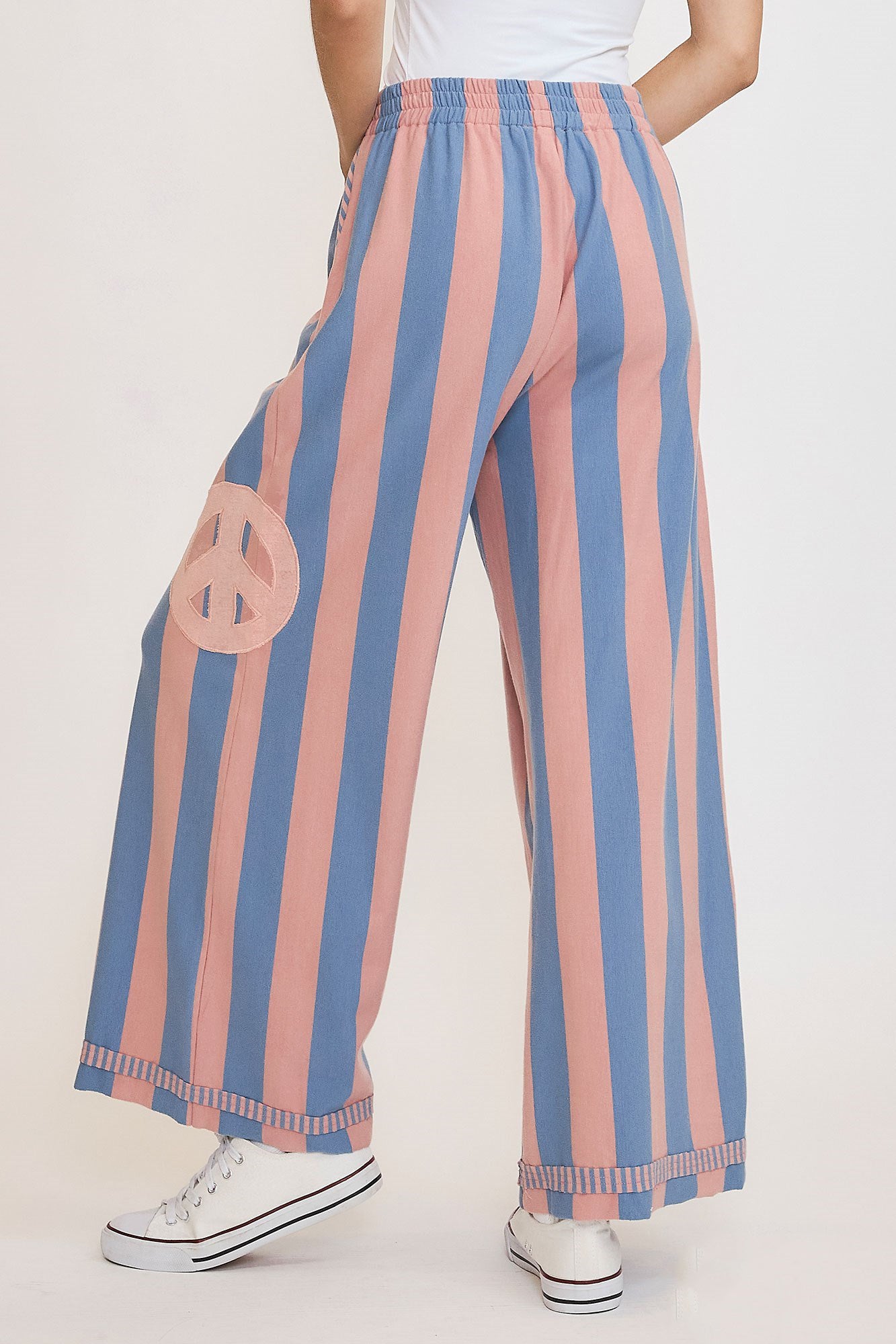 Umgee Peace Sign Patch Striped Wide Leg Pants - Sydney So Sweet