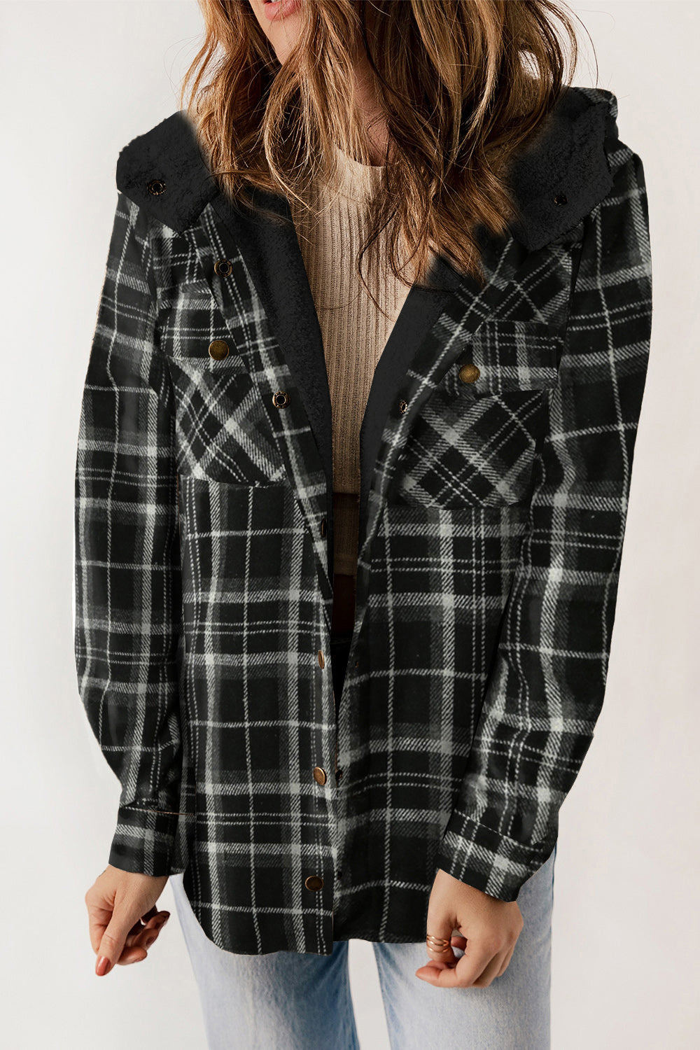 Plaid Snap Down Hooded Jacket - Sydney So Sweet