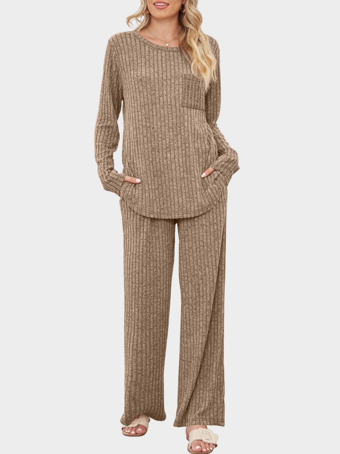 Round Neck Long Sleeve Top and Pants Set - Sydney So Sweet