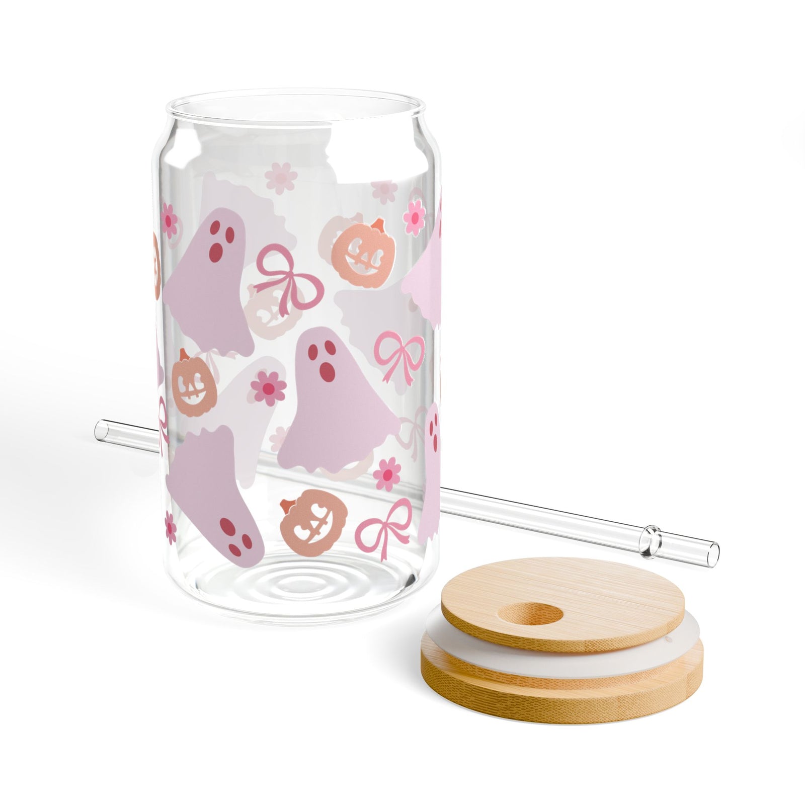 Girly Ghost Halloween Sipper Glass 16oz Reusable Drink Jar with Lid & Straw