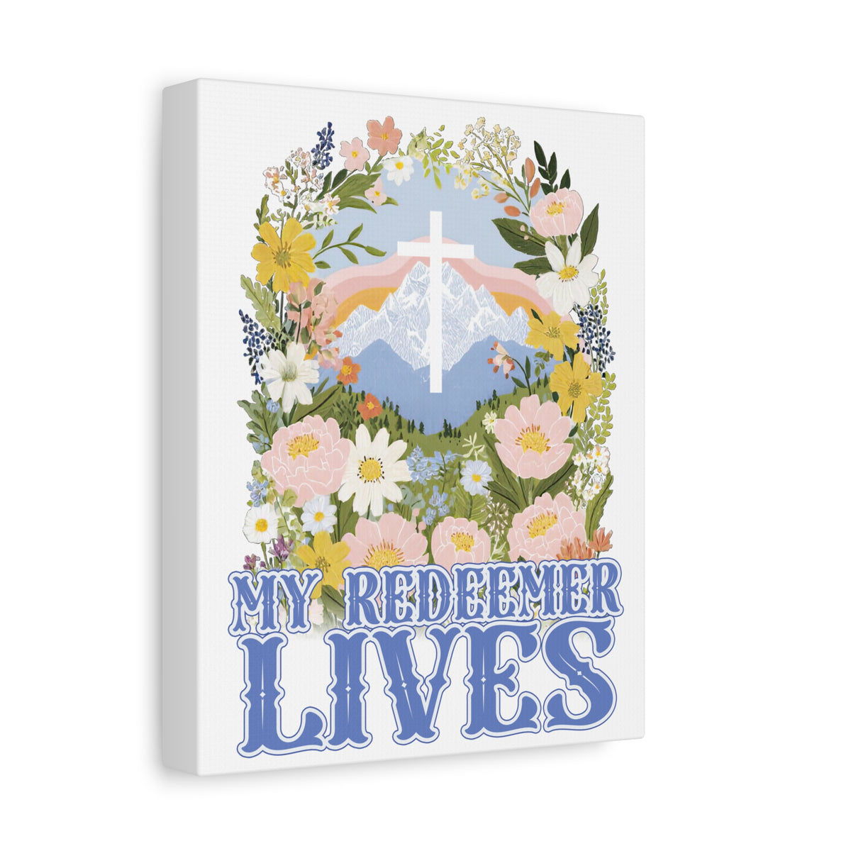 My Redeemer Lives Canvas Wall Art Floral Cross Christian Inspirational Print