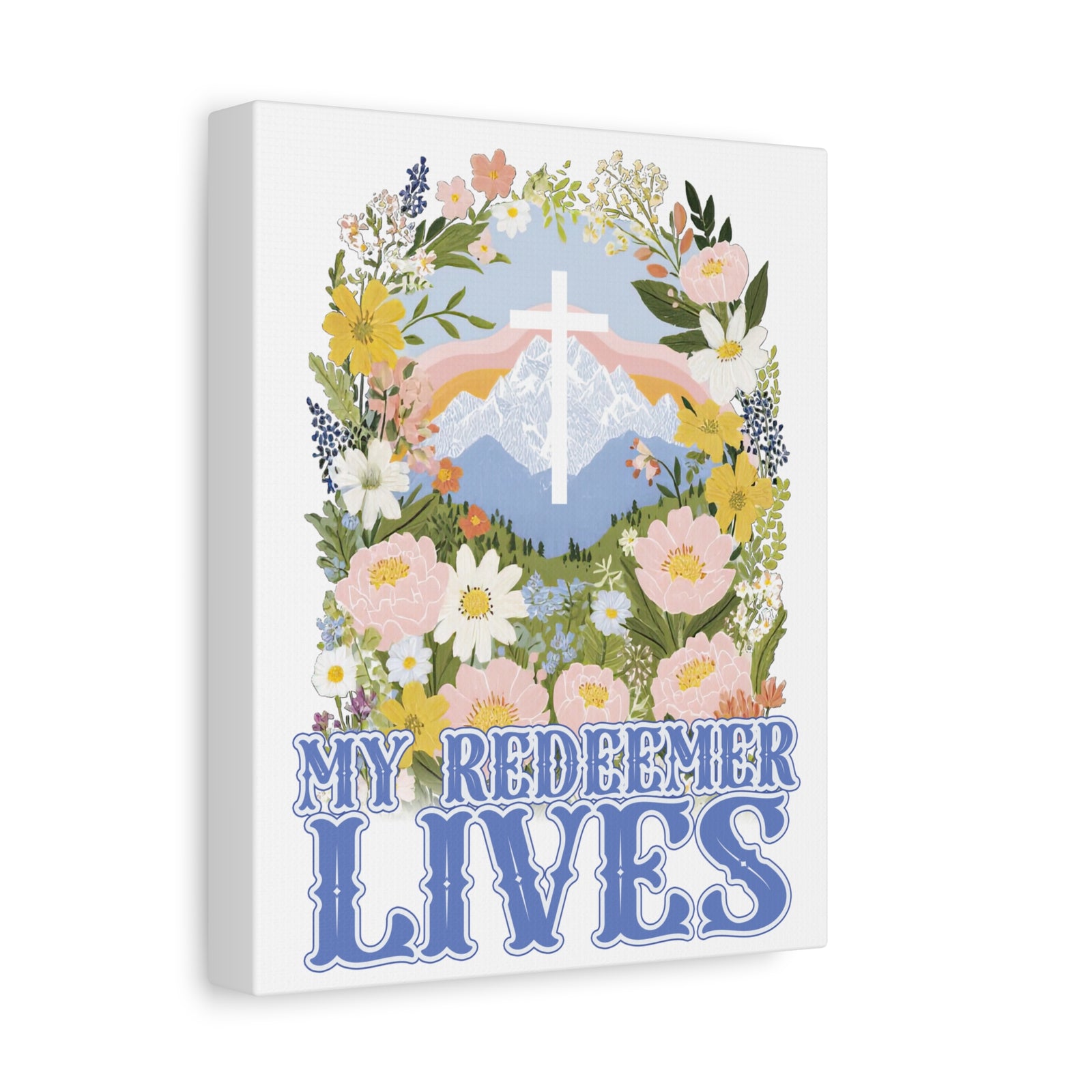 My Redeemer Lives Canvas Wall Art Floral Cross Christian Inspirational Print