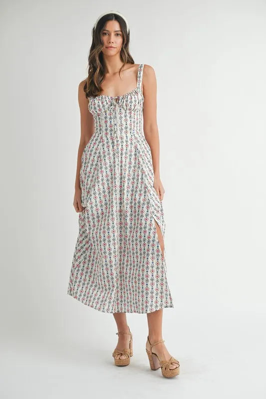 MABLE Floral Print Bustier Back Lace Up Midi Dress - Sydney So Sweet