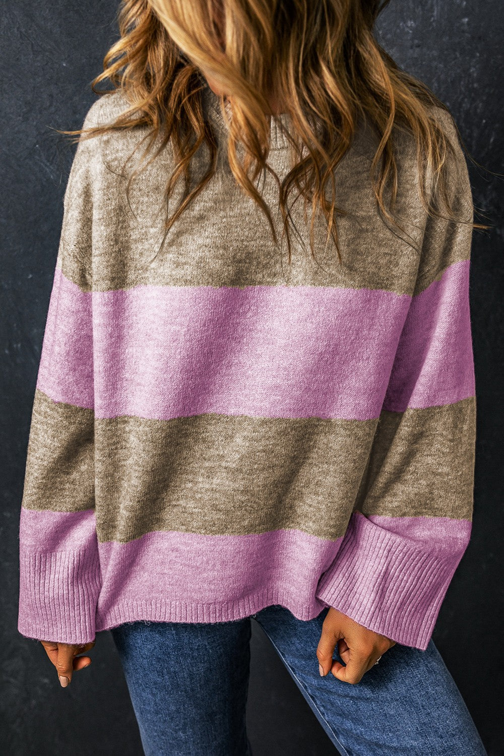 Color Block Round Neck Long Sleeve Sweater - Sydney So Sweet