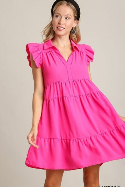 Umgee Full Size Johnny Collar Ruffle Cap Sleeve Tiered Dress Plus Size - Sydney So Sweet