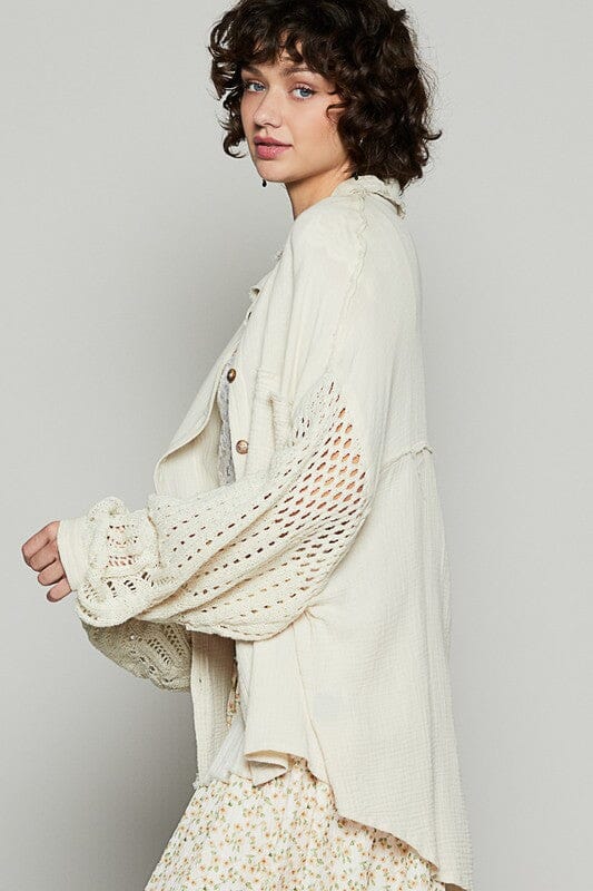 POL Openwork Lantern Sleeve Button Down Gauze Shirt - Sydney So Sweet