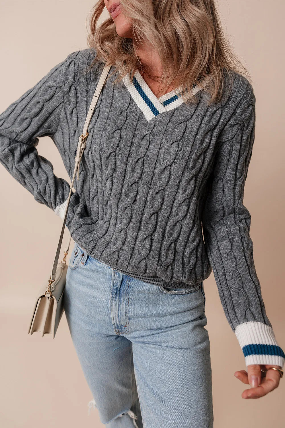 Cable-Knit V-Neck Long Sleeve Sweater - Sydney So Sweet