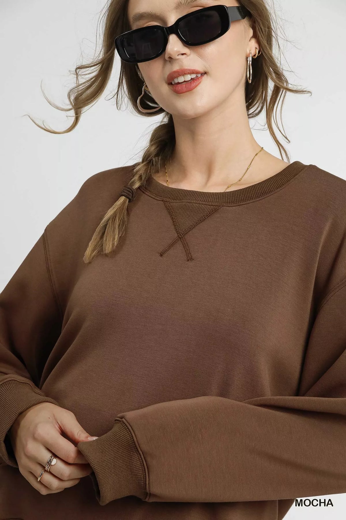 Umgee Round Neck Long Sleeve Fleece Sweatshirt - Sydney So Sweet