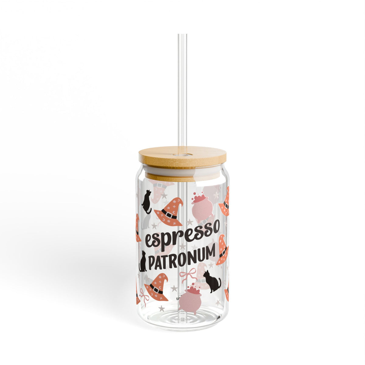 Espresso Patronum Halloween Brew Sipper Glass 16oz Reusable Drink Jar with Lid & Straw