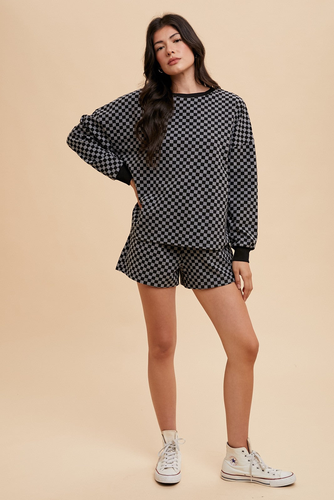 Annie Wear Checkered Round Neck Top and Drawstring Shorts Set - Sydney So Sweet