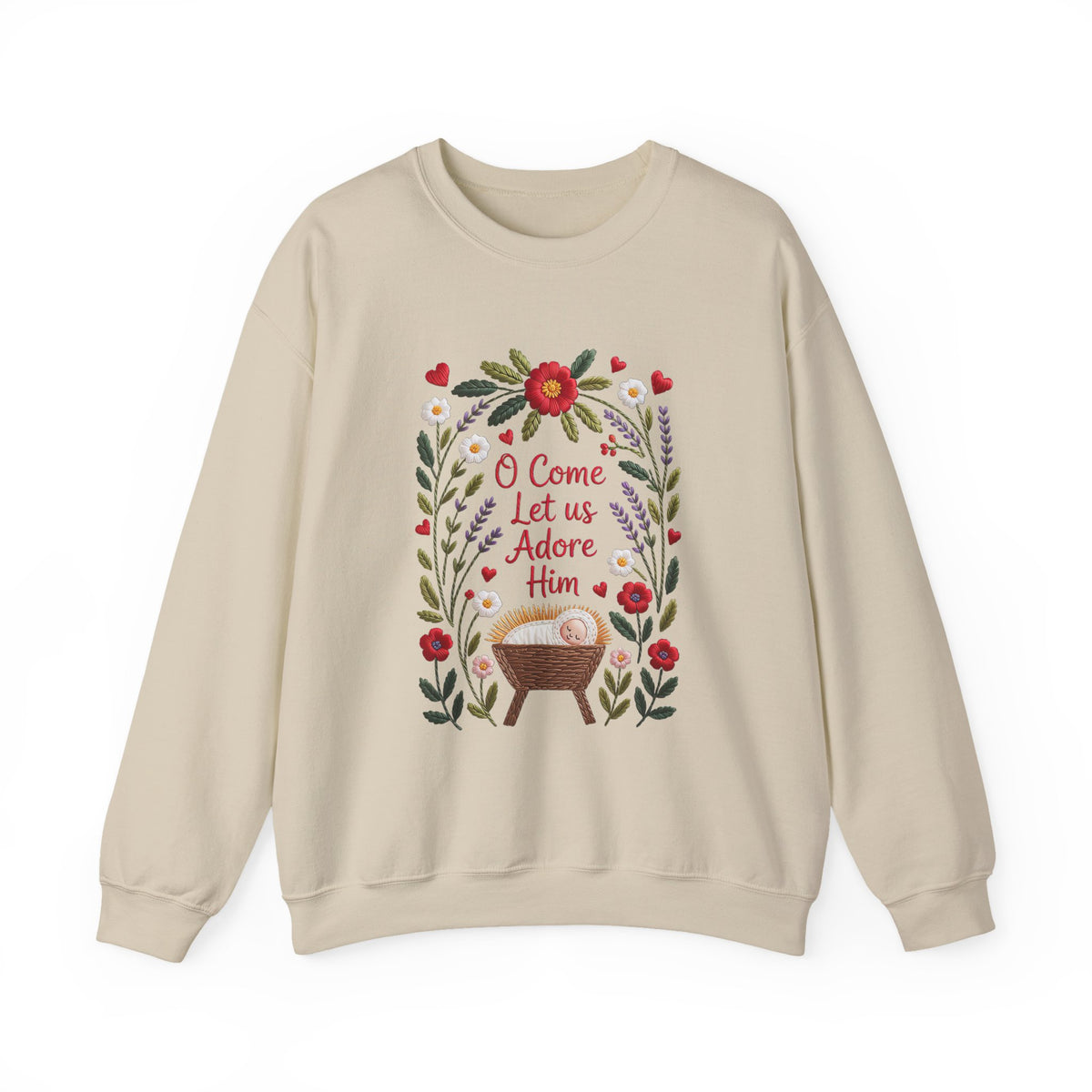 O Come Let Us Adore Him Faux Embroidery Christmas Nativity Crewneck Unisex Sweatshirt