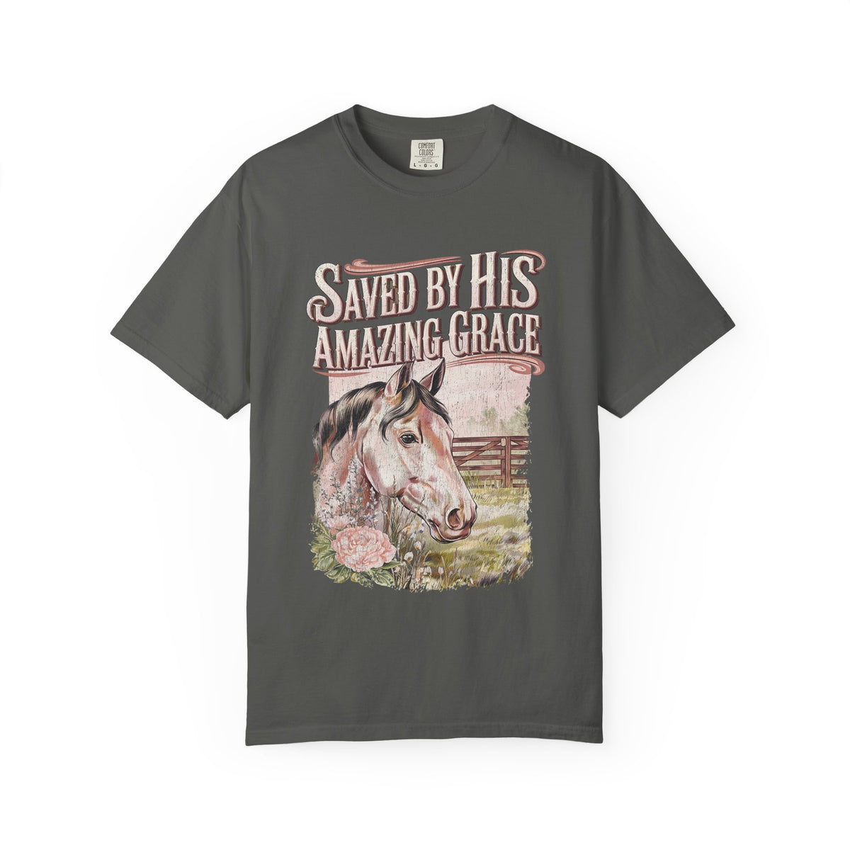 Saved By His Amazing Grace Horse Christian Tee Distressed Graphic T-Shirt