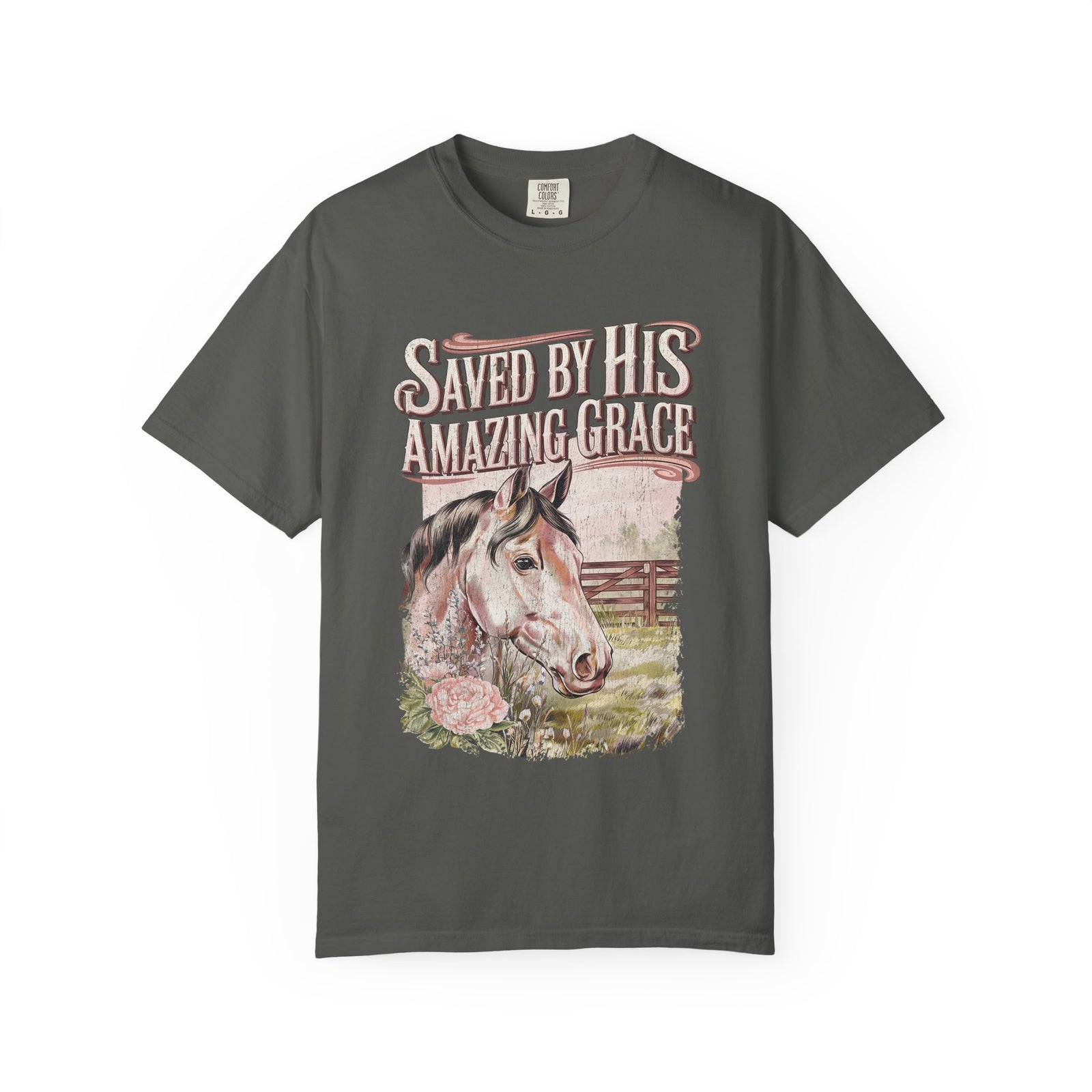 Saved By His Amazing Grace Horse Christian Tee Distressed Graphic T-Shirt